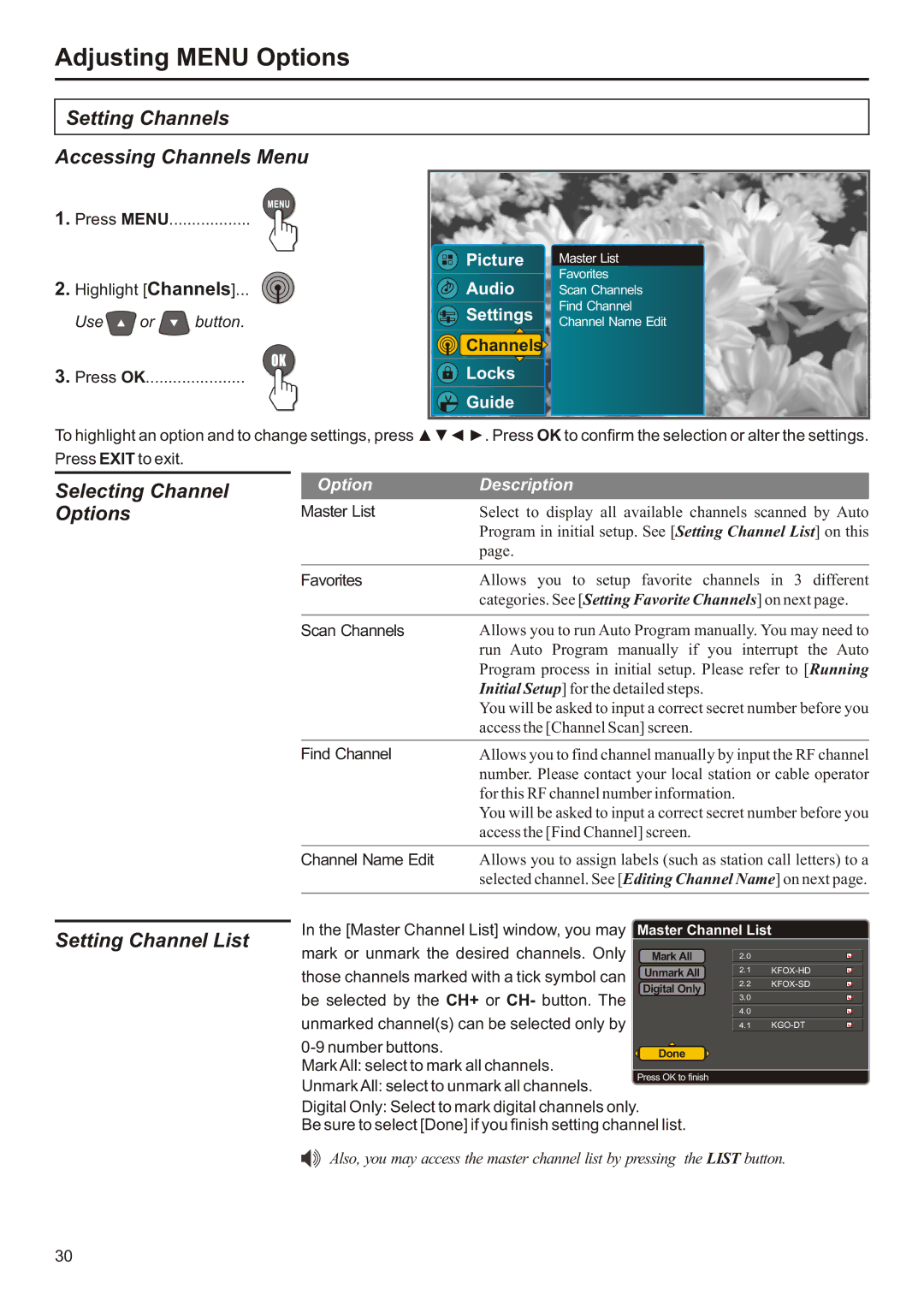 Audiovox FPE2706 operation manual Setting Channels Accessing Channels Menu, Selecting Channel, Setting Channel List 