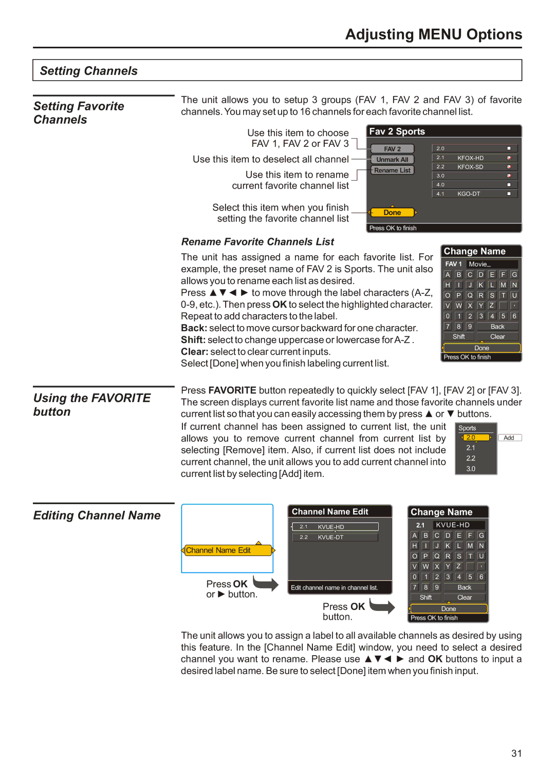 Audiovox FPE2706 Setting Channels Setting Favorite Channels, Using the Favorite button, Editing Channel Name 