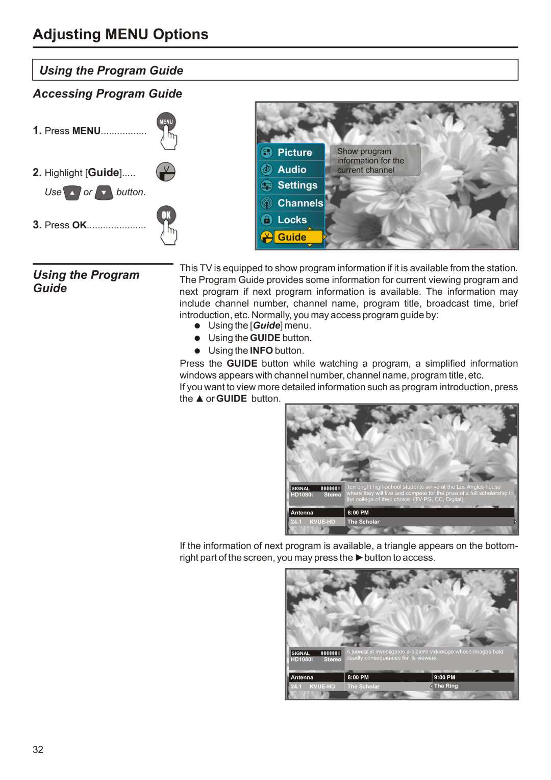 Audiovox FPE2706 operation manual Using the Program Guide Accessing Program Guide, Press Menu Highlight Guide 