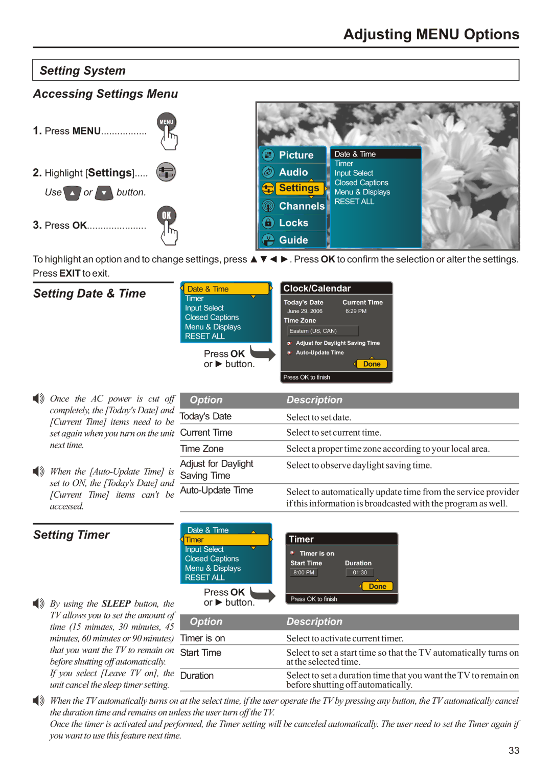 Audiovox FPE2706 operation manual Setting System Accessing Settings Menu, Setting Date & Time, Setting Timer 