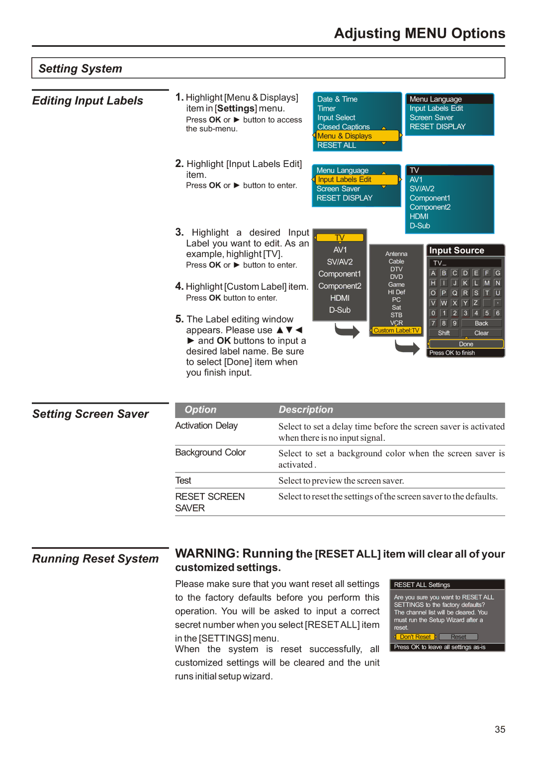 Audiovox FPE2706 operation manual Setting System Editing Input Labels, Setting Screen Saver, Running Reset System 