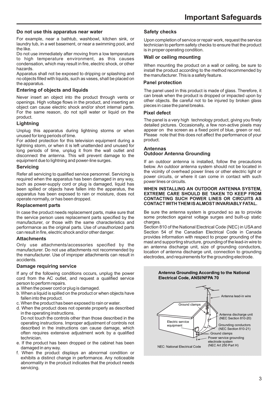 Audiovox FPE2706 Do not use this apparatus near water, Entering of objects and liquids, Lightning, Servicing, Attachments 