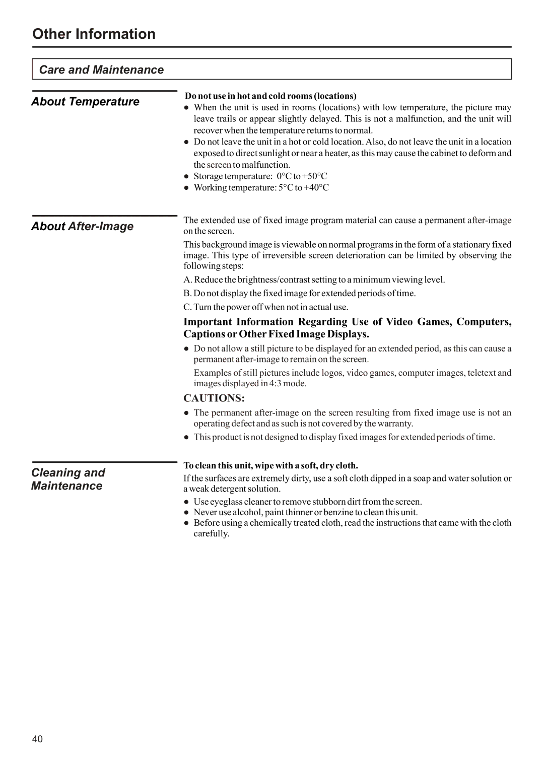 Audiovox FPE2706 operation manual Care and Maintenance, About Temperature, About After-Image Cleaning Maintenance 