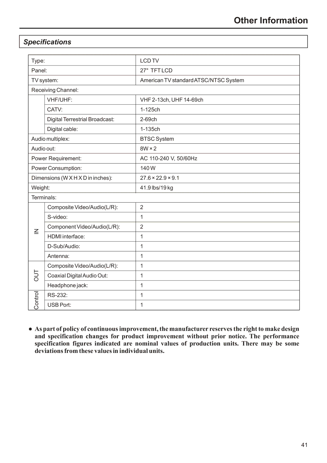 Audiovox FPE2706 operation manual Specifications, Catv 