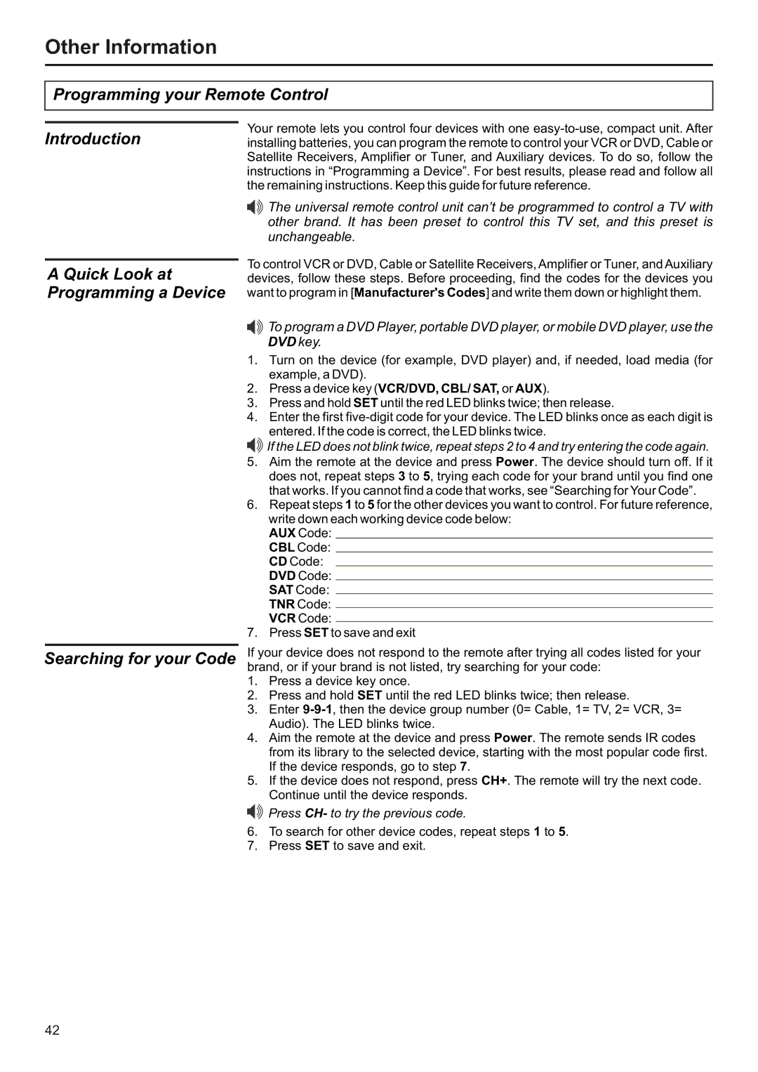 Audiovox FPE2706 Programming your Remote Control, Quick Look at Programming a Device Searching for your Code 