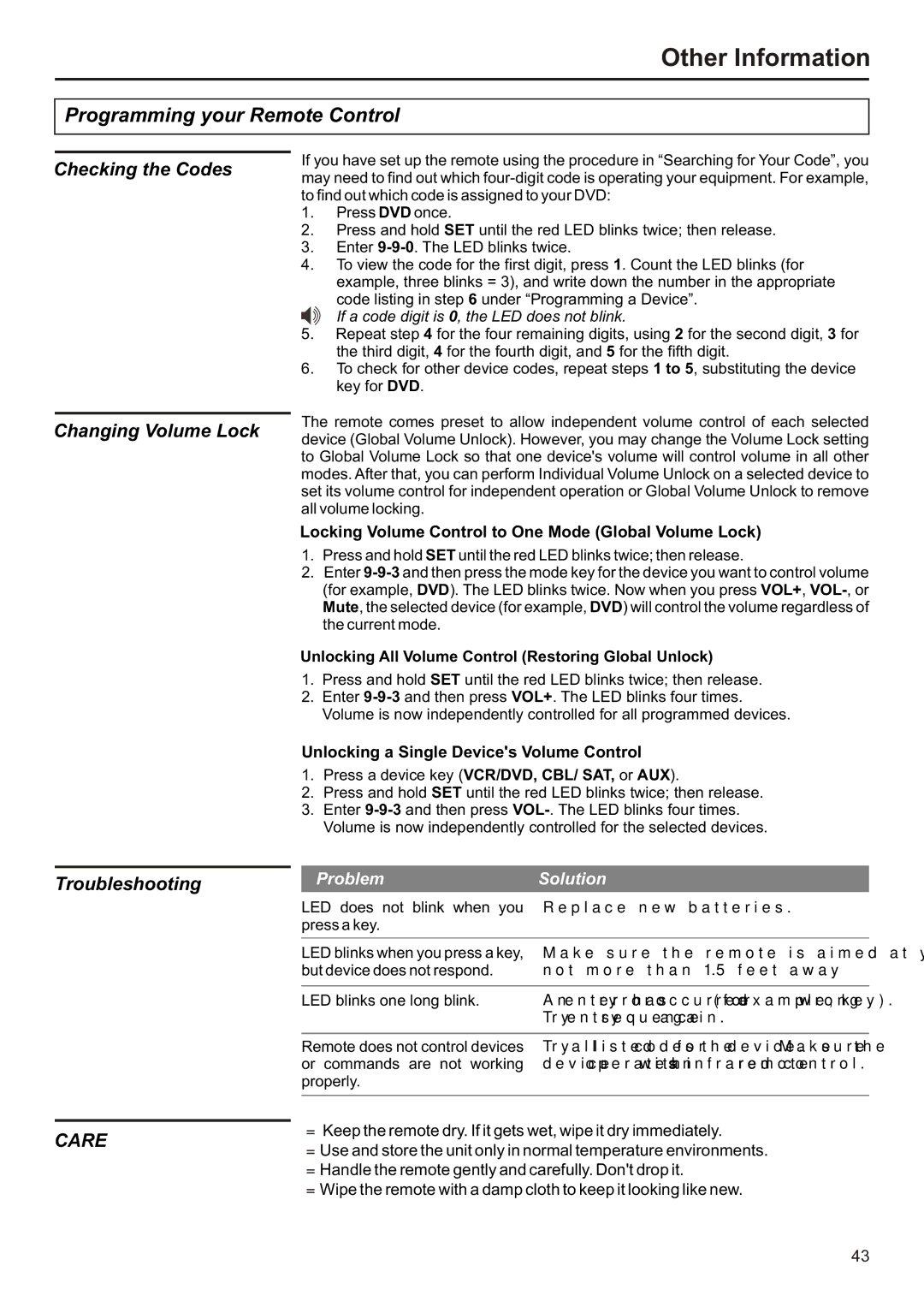 Audiovox FPE2706 operation manual Checking the Codes Changing Volume Lock, Problem Solution 