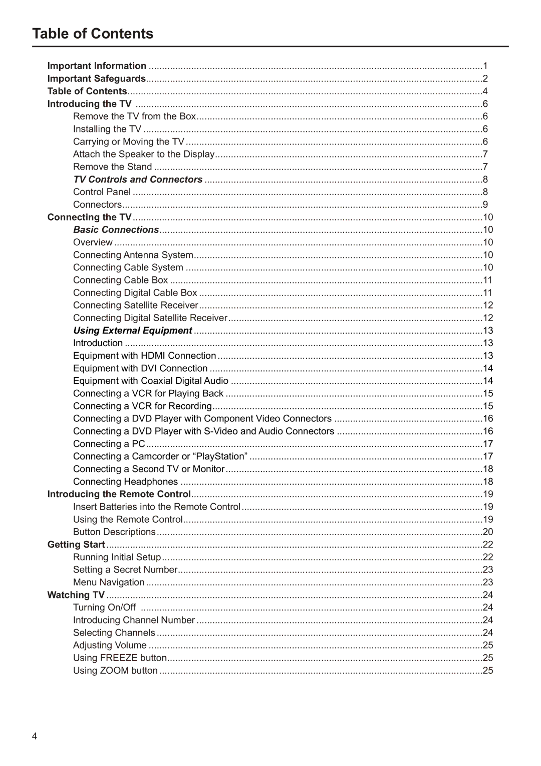 Audiovox FPE2706 operation manual Table of Contents 