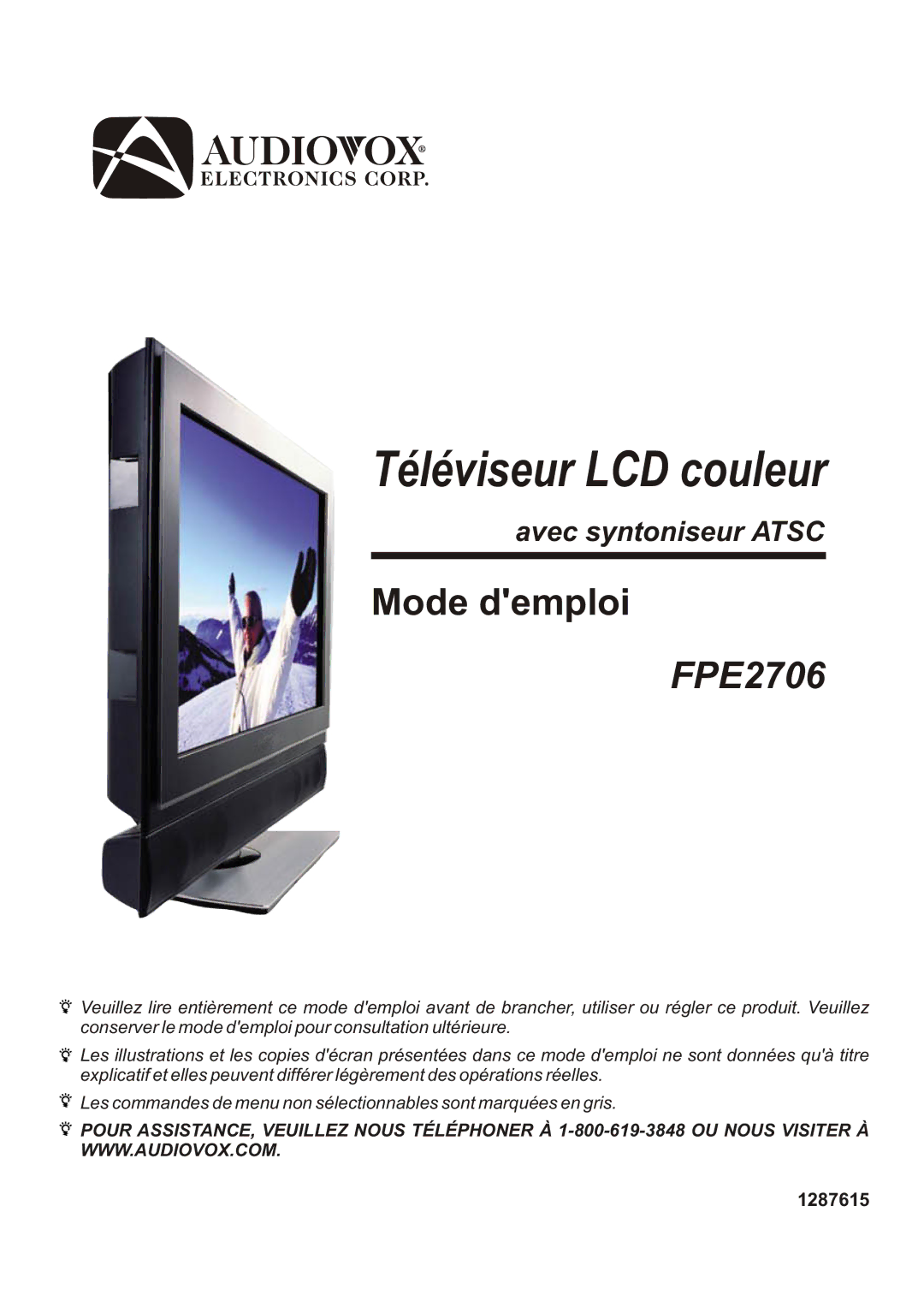 Audiovox FPE2706 operation manual Téléviseur LCD couleur 