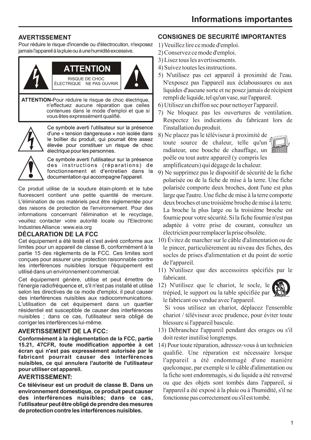 Audiovox FPE2706 operation manual Informations importantes, Avertissement 