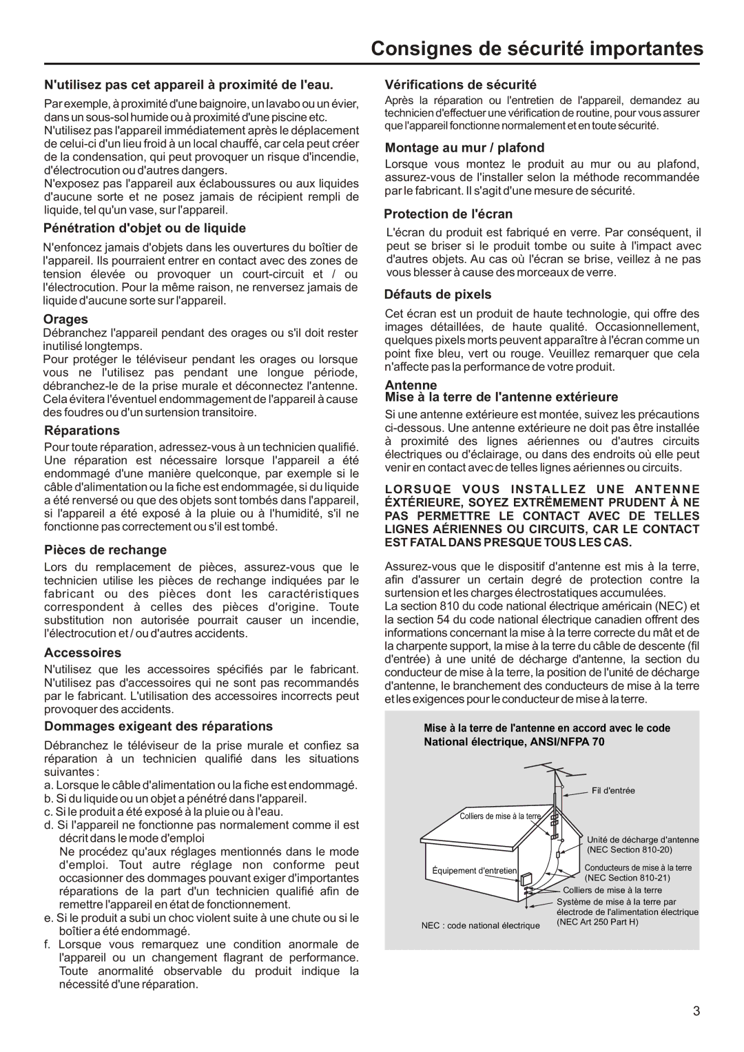 Audiovox FPE2706 Nutilisez pas cet appareil à proximité de leau, Pénétration dobjet ou de liquide, Orages, Réparations 