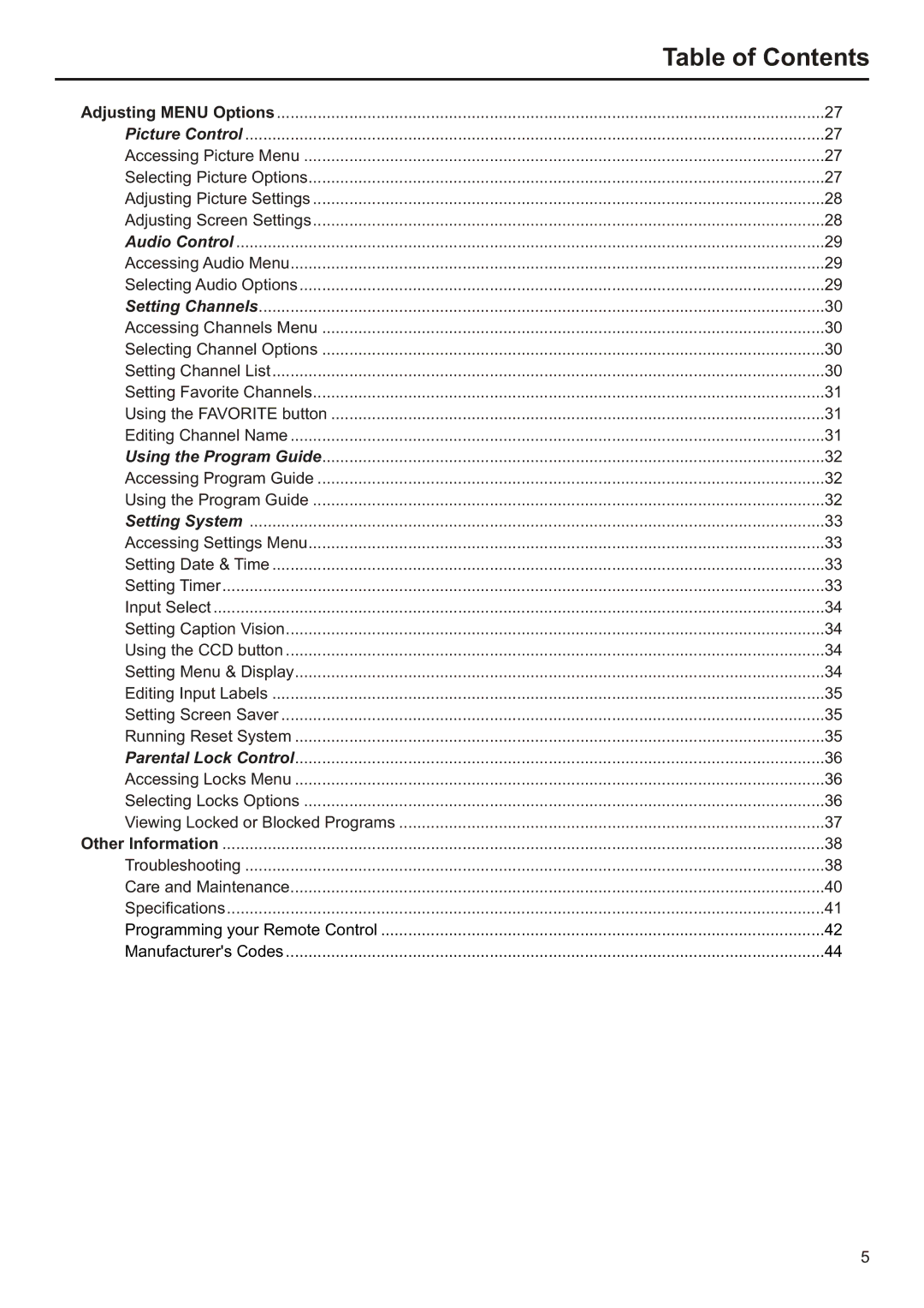 Audiovox FPE2706 operation manual Table of Contents 