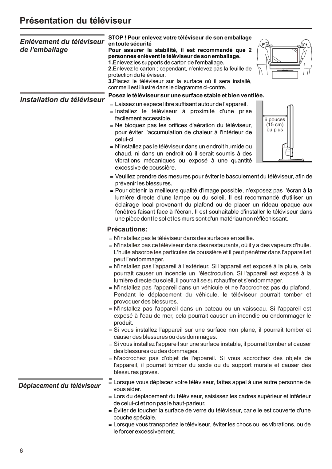 Audiovox FPE2706 Présentation du téléviseur, Enlèvement du téléviseur de lemballage, Installation du téléviseur 