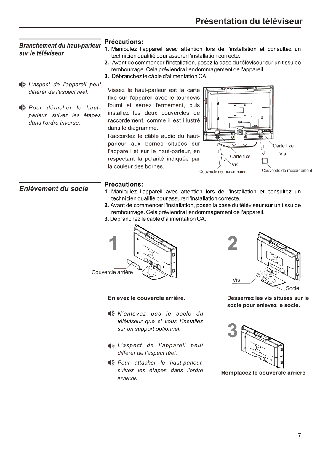 Audiovox FPE2706 Enlèvement du socle, La couleur des bornes, Enlevez le couvercle arrière, Remplacez le couvercle arrière 