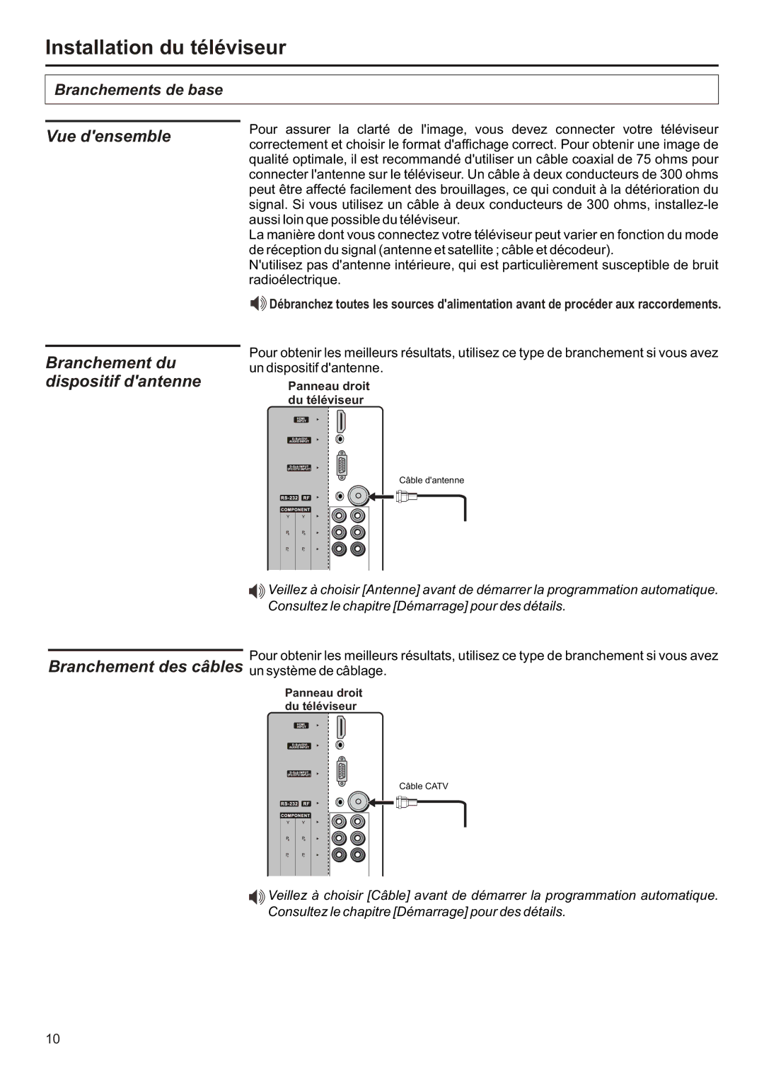 Audiovox FPE2706 operation manual Installation du téléviseur, Vue densemble, Branchement du dispositif dantenne 