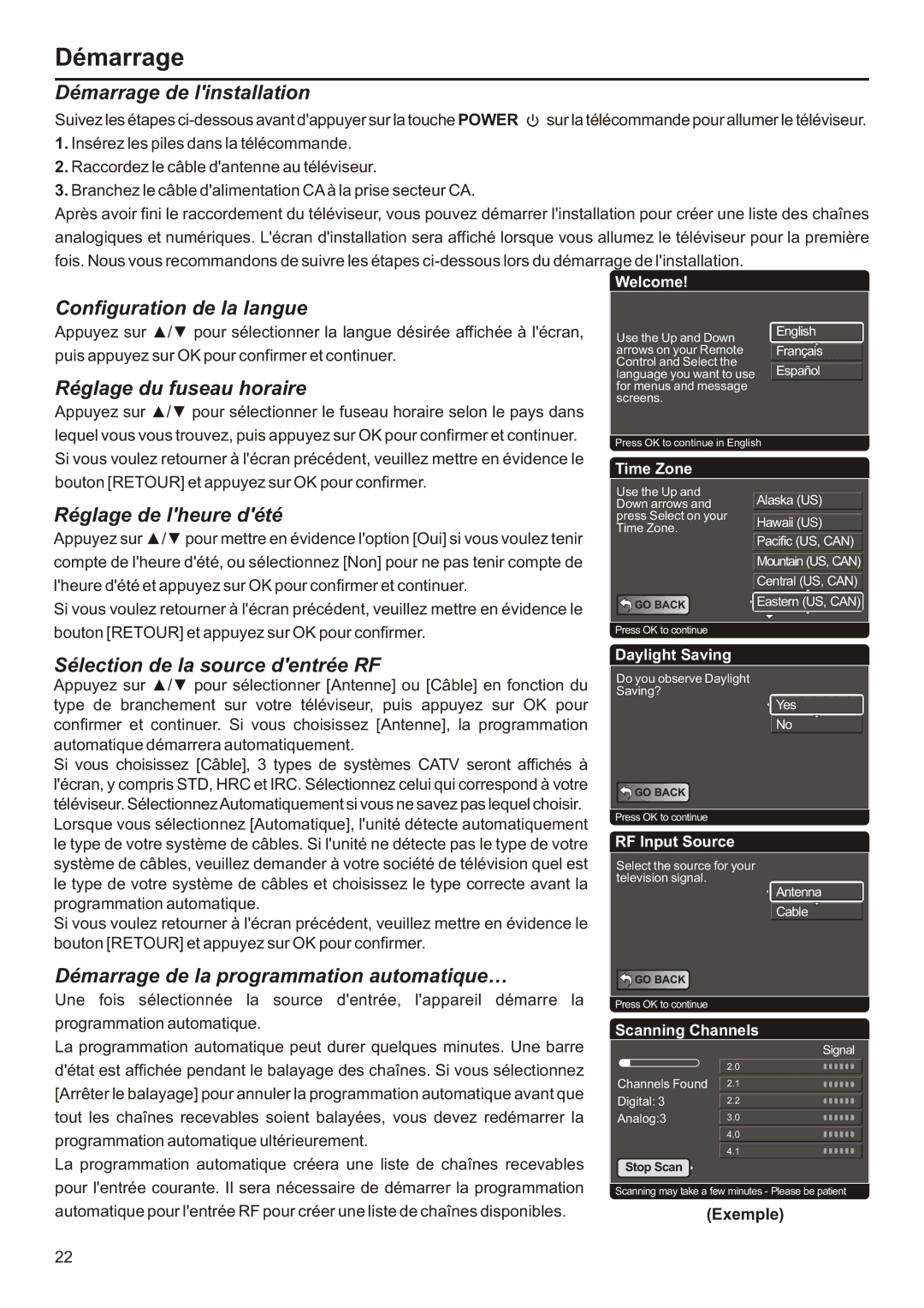 Audiovox FPE2706 operation manual Démarrage 