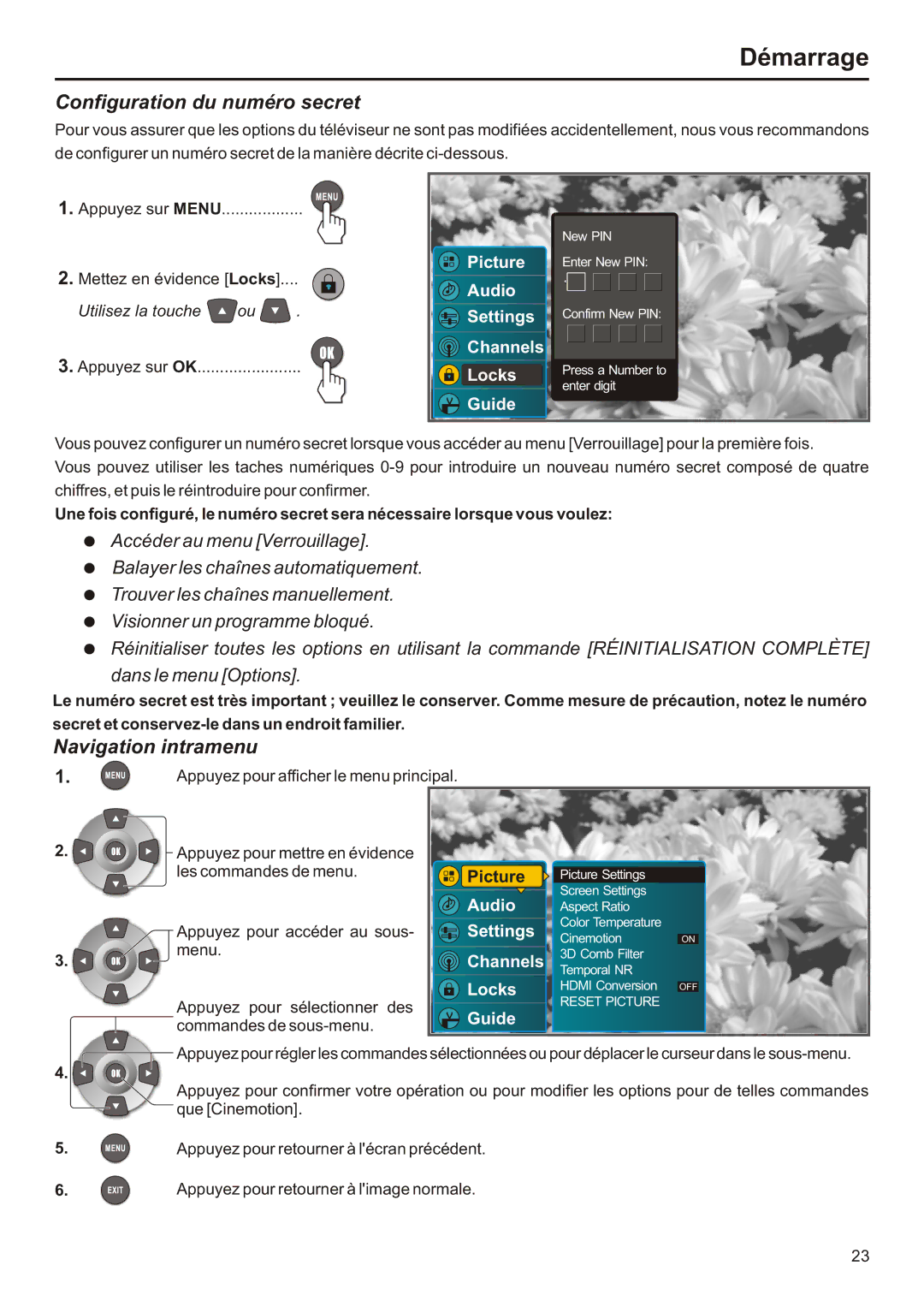 Audiovox FPE2706 operation manual Configuration du numéro secret, Navigation intramenu, Appuyez sur OK 