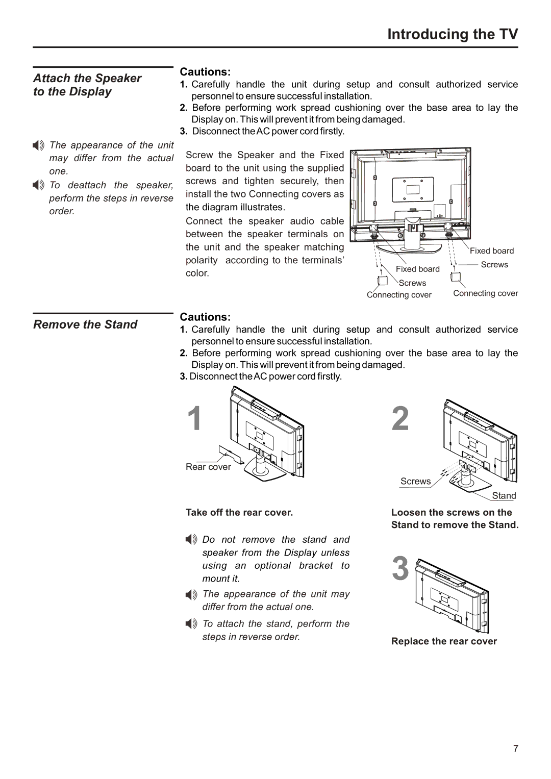 Audiovox FPE2706 Attach the Speaker to the Display, Remove the Stand, Take off the rear cover, Replace the rear cover 