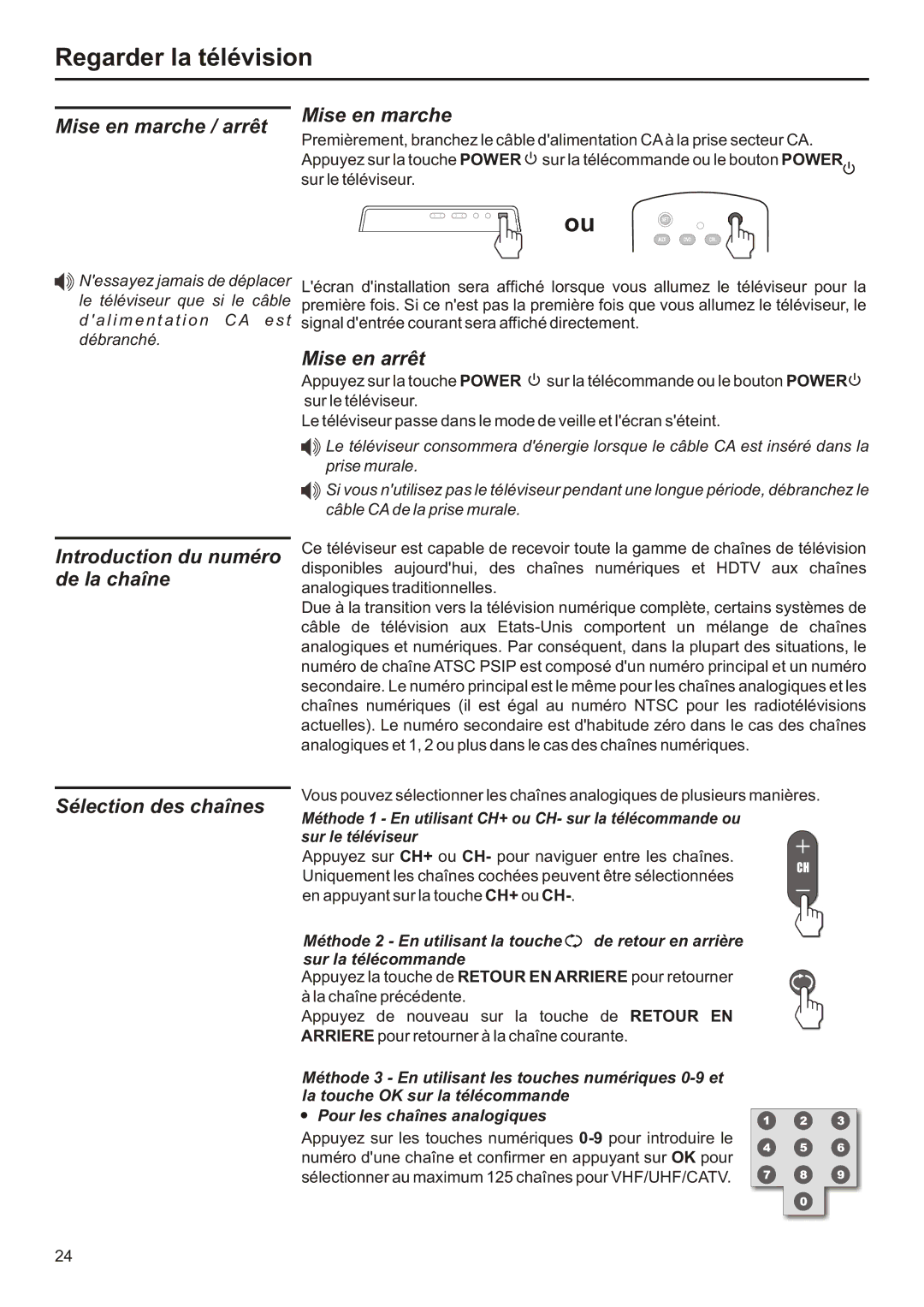 Audiovox FPE2706 operation manual Regarder la télévision, Mise en marche / arrêt 