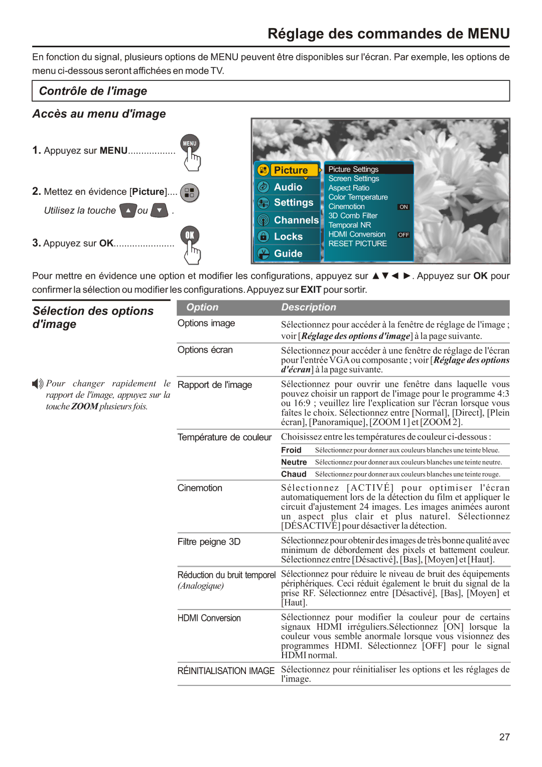 Audiovox FPE2706 Réglage des commandes de Menu, Contrôle de limage Accès au menu dimage, Sélection des options, Dimage 