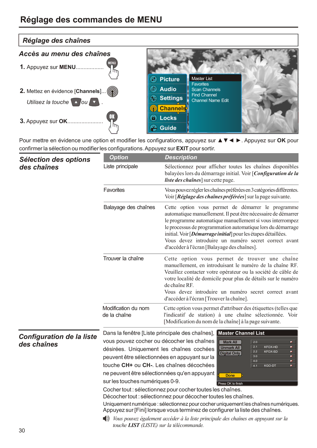 Audiovox FPE2706 Réglage des chaînes Accès au menu des chaînes, Des chaînes, Configuration de la liste des chaînes 