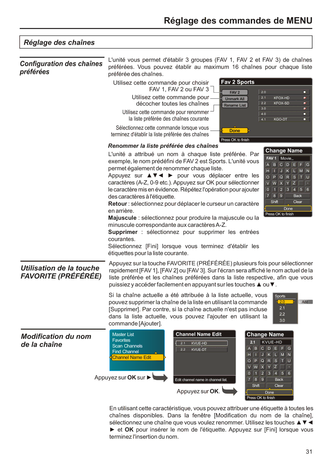 Audiovox FPE2706 operation manual Modification du nom de la chaîne 