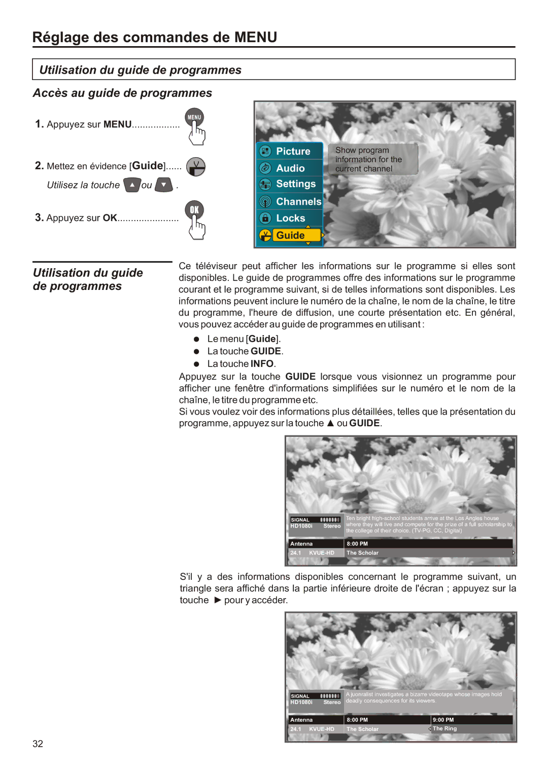 Audiovox FPE2706 operation manual Utilisation du guide de programmes, HD1080i Stereo Antenna KVUE-HD 