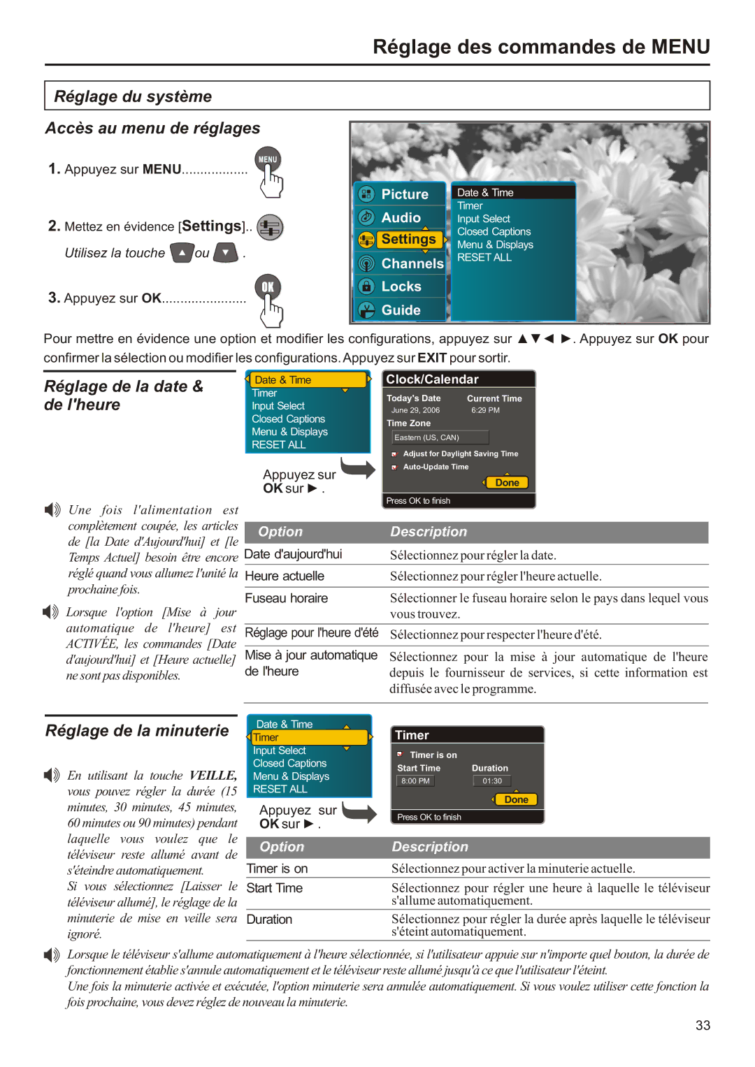 Audiovox FPE2706 Réglage du système Accès au menu de réglages, Réglage de la date & de lheure, Réglage de la minuterie 