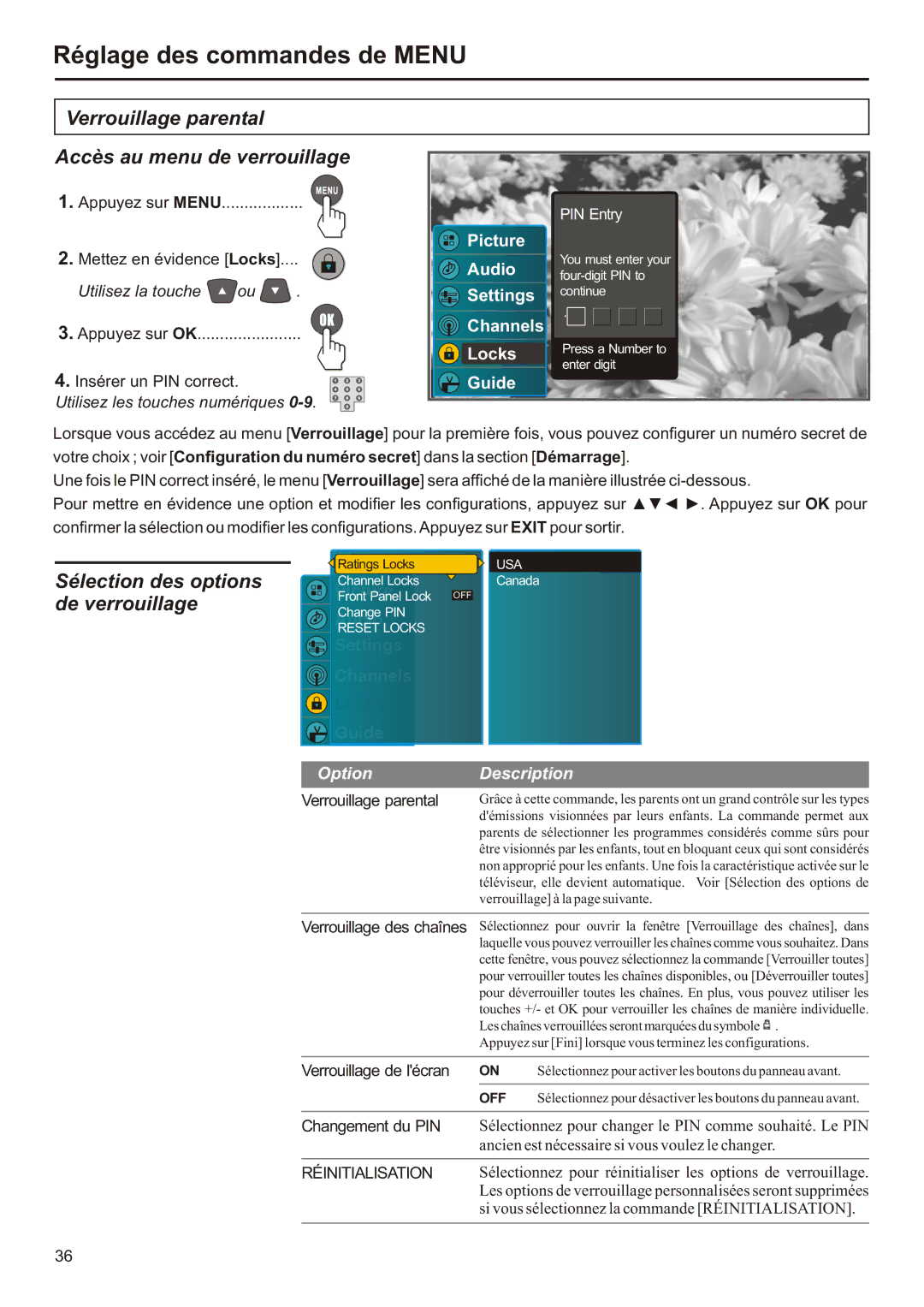 Audiovox FPE2706 Verrouillage parental Accès au menu de verrouillage, Sélection des options de verrouillage 