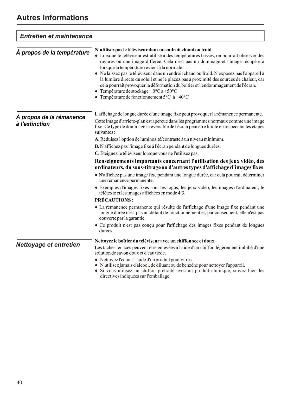 Audiovox FPE2706 operation manual Entretien et maintenance, Propos de la température, Propos de la rémanence Lextinction 