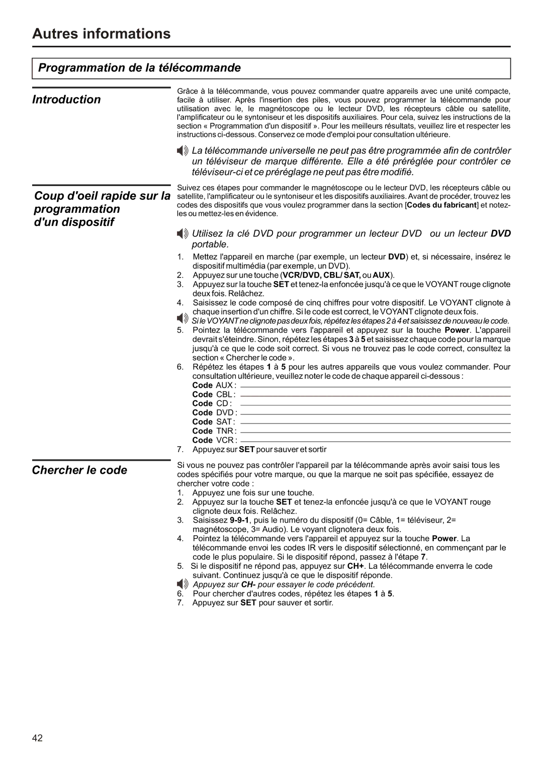 Audiovox FPE2706 Programmation de la télécommande Introduction, Coup doeil rapide sur la programmation Dun dispositif 