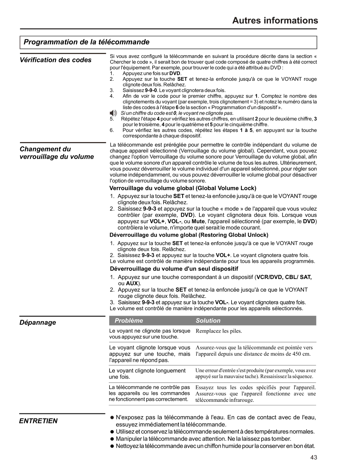 Audiovox FPE2706 operation manual Programmation de la télécommande, Problème Solution 