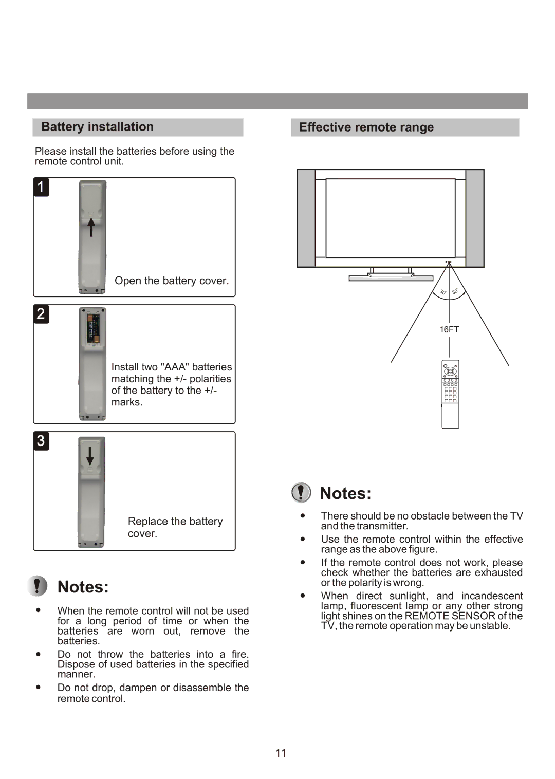 Audiovox FPE3000 owner manual Battery installation, Effective remote range 