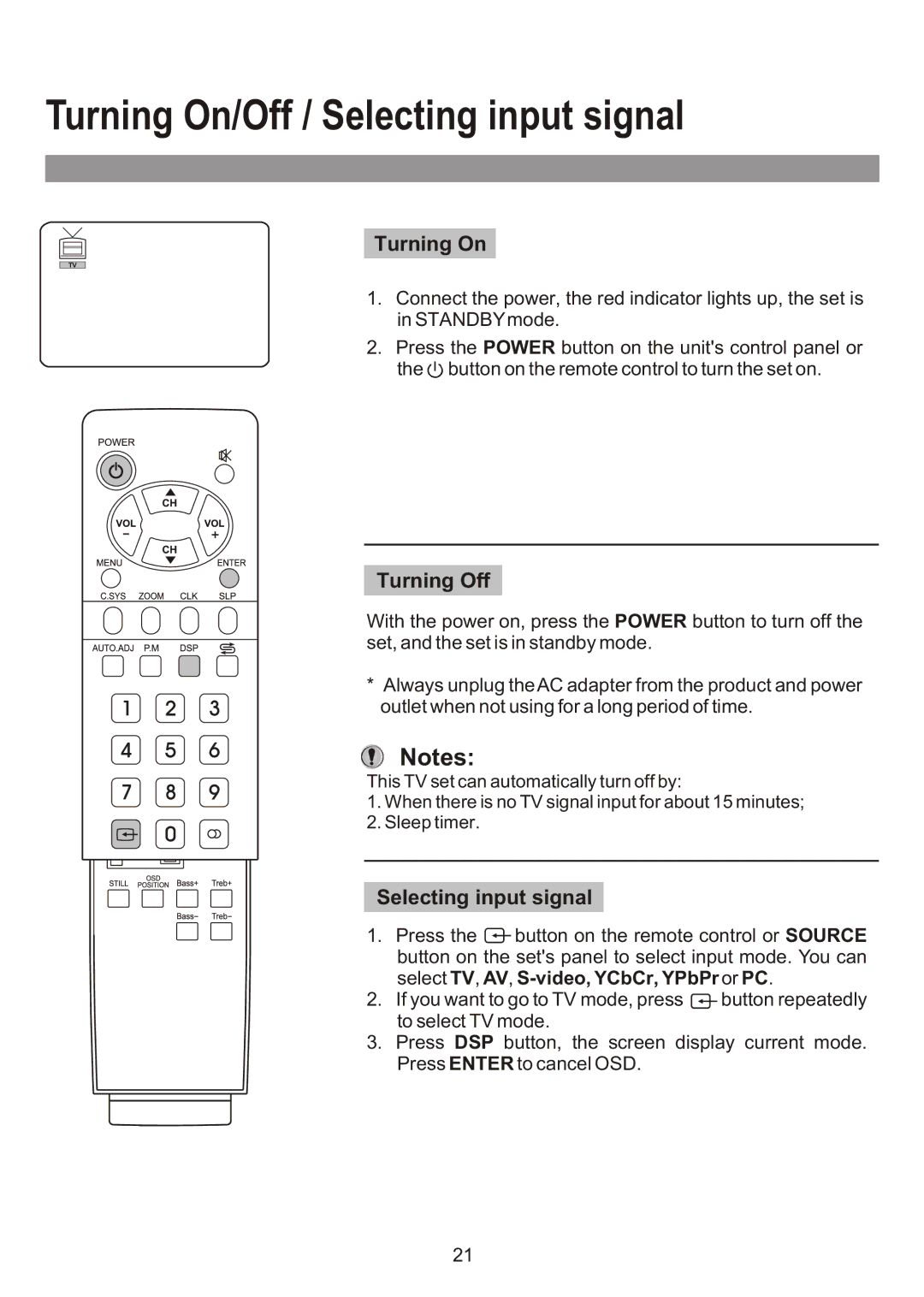 Audiovox FPE3000 owner manual Turning On/Off / Selecting input signal, Turning Off 