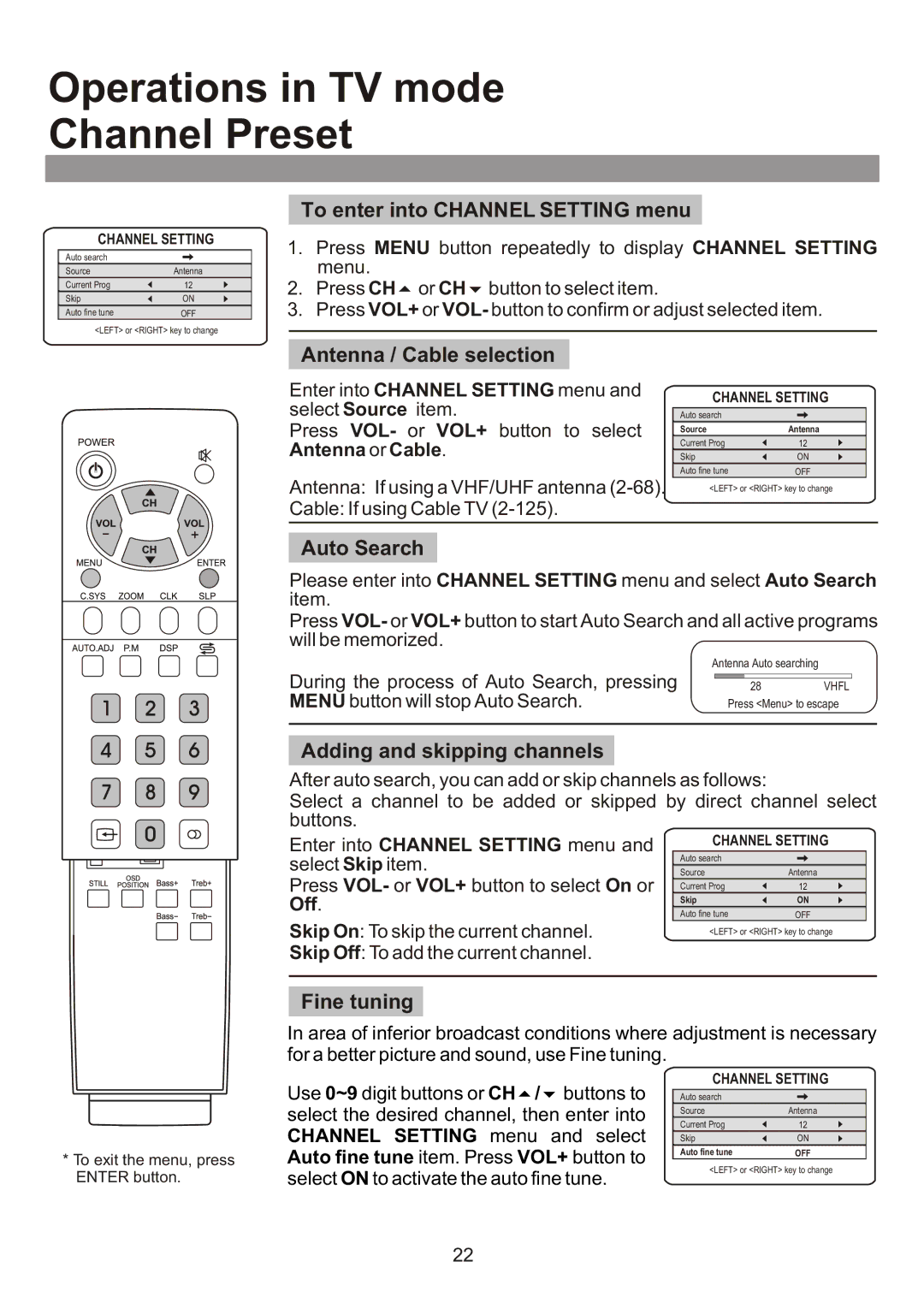 Audiovox FPE3000 owner manual Operations in TV mode Channel Preset 