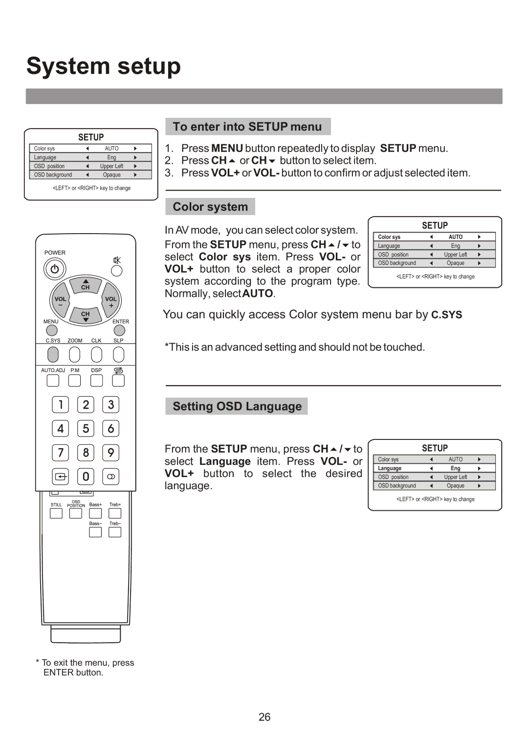 Audiovox FPE3000 owner manual System setup, To enter into Setup menu, Color system, Setting OSD Language 