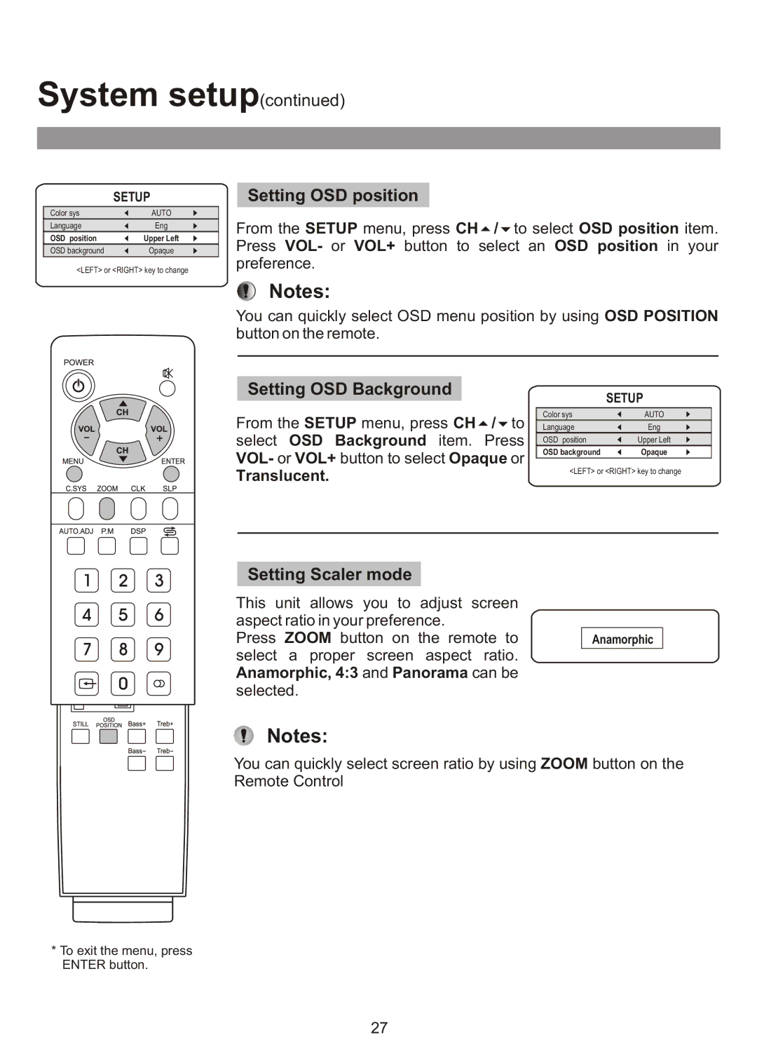 Audiovox FPE3000 owner manual Setting OSD position, Setting OSD Background, Setting Scaler mode 