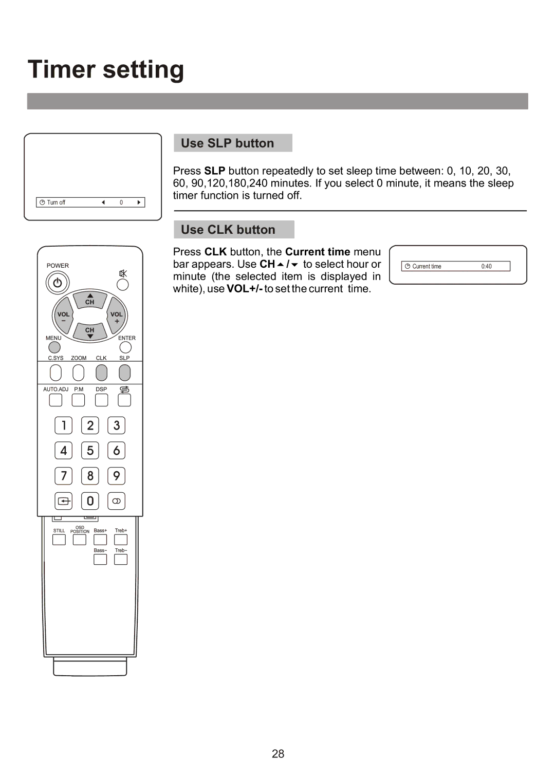 Audiovox FPE3000 owner manual Timer setting, Use SLP button, Use CLK button 