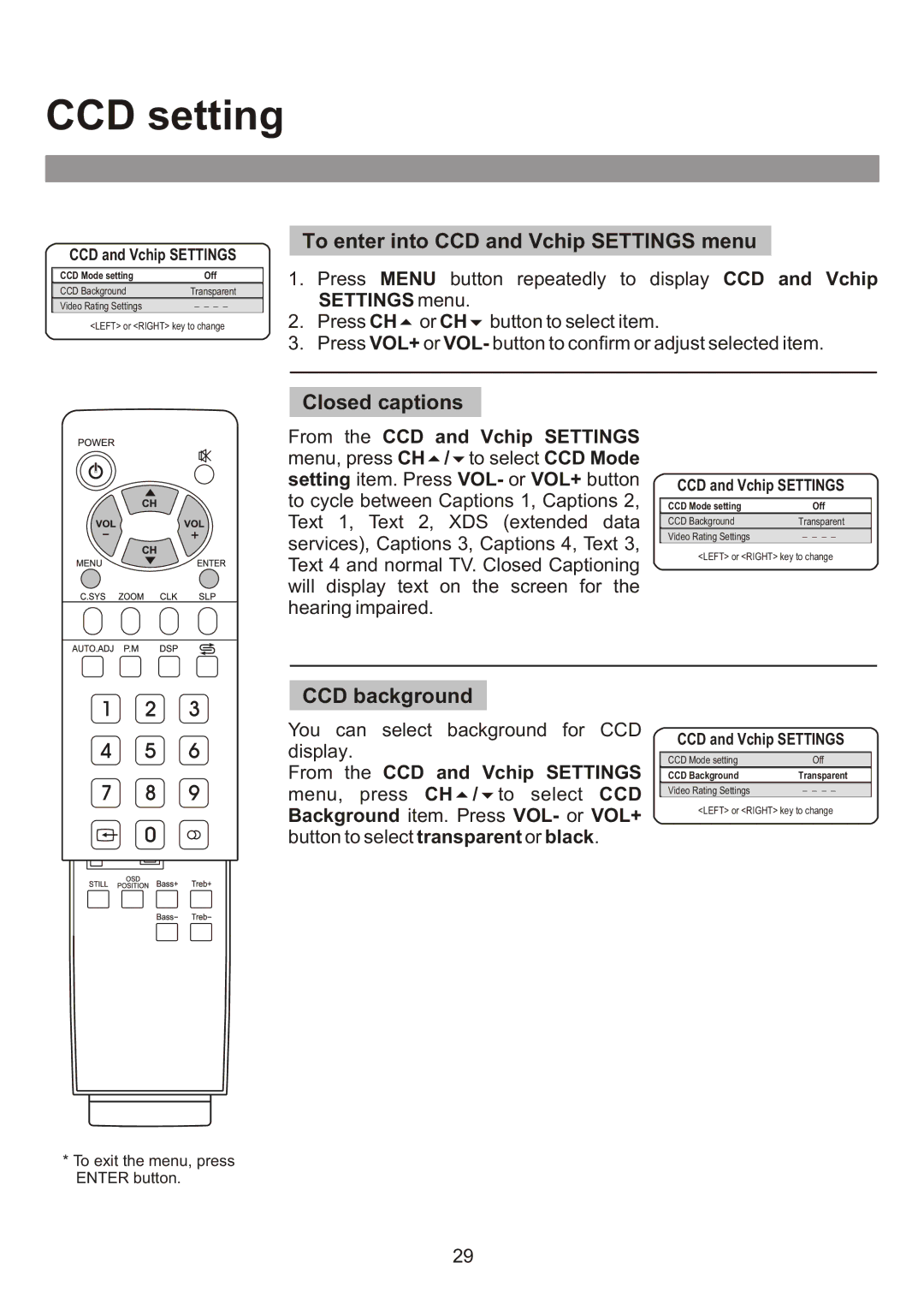 Audiovox FPE3000 owner manual CCD setting, To enter into CCD and Vchip Settings menu, Closed captions, CCD background 