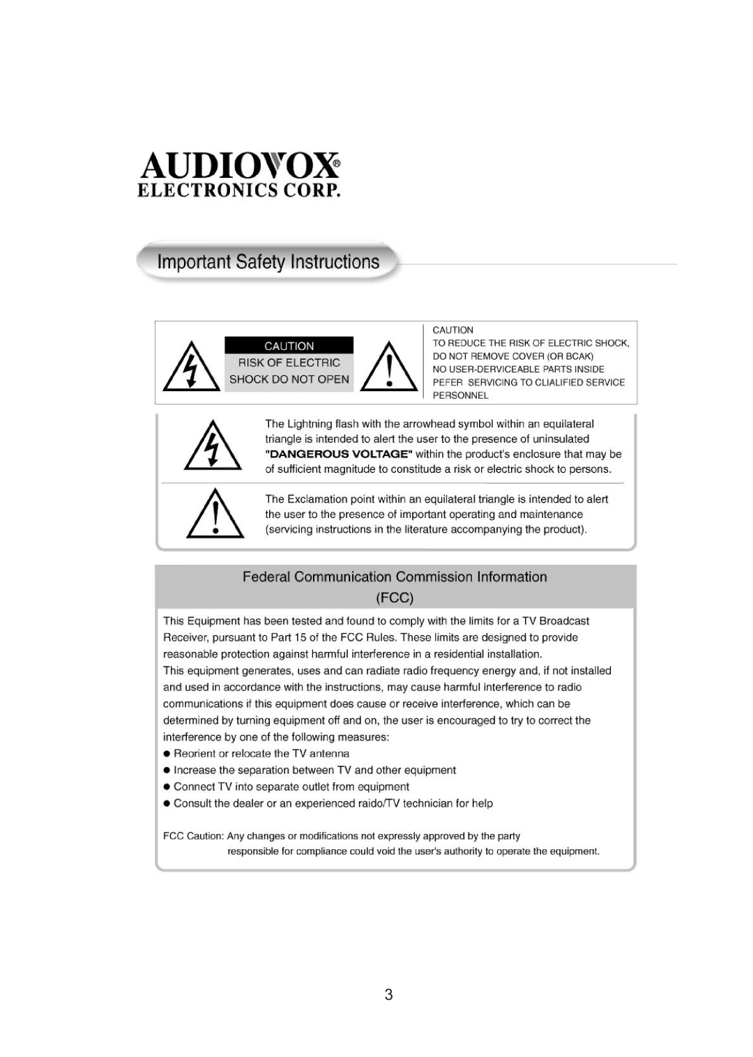 Audiovox FPE3000 owner manual 