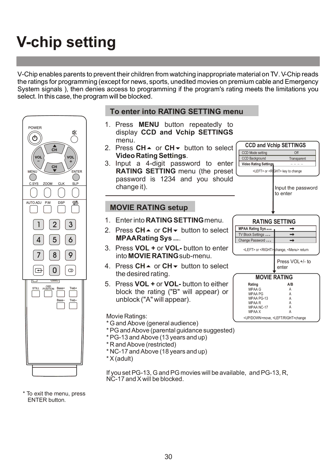 Audiovox FPE3000 owner manual Chip setting, To enter into Rating Setting menu, Movie Rating setup 