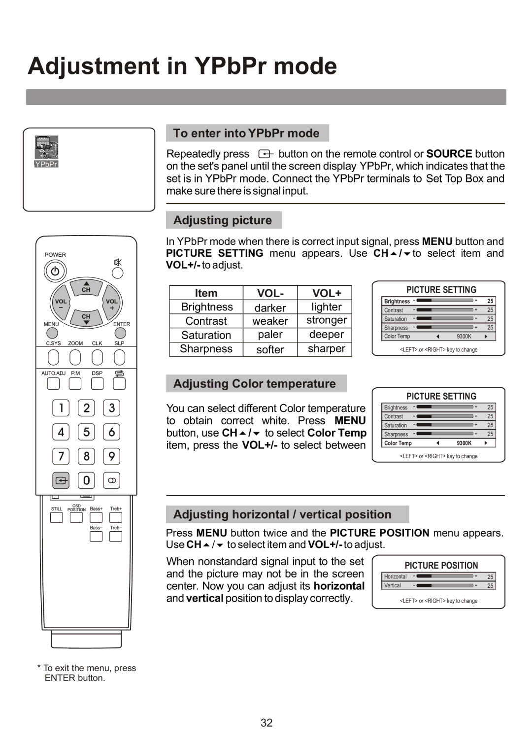 Audiovox FPE3000 owner manual Adjustment in YPbPr mode, To enter into YPbPr mode, Adjusting Color temperature 