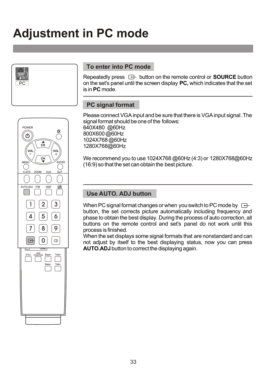 Audiovox FPE3000 owner manual Adjustment in PC mode, To enter into PC mode, PC signal format, Use AUTO. ADJ button 