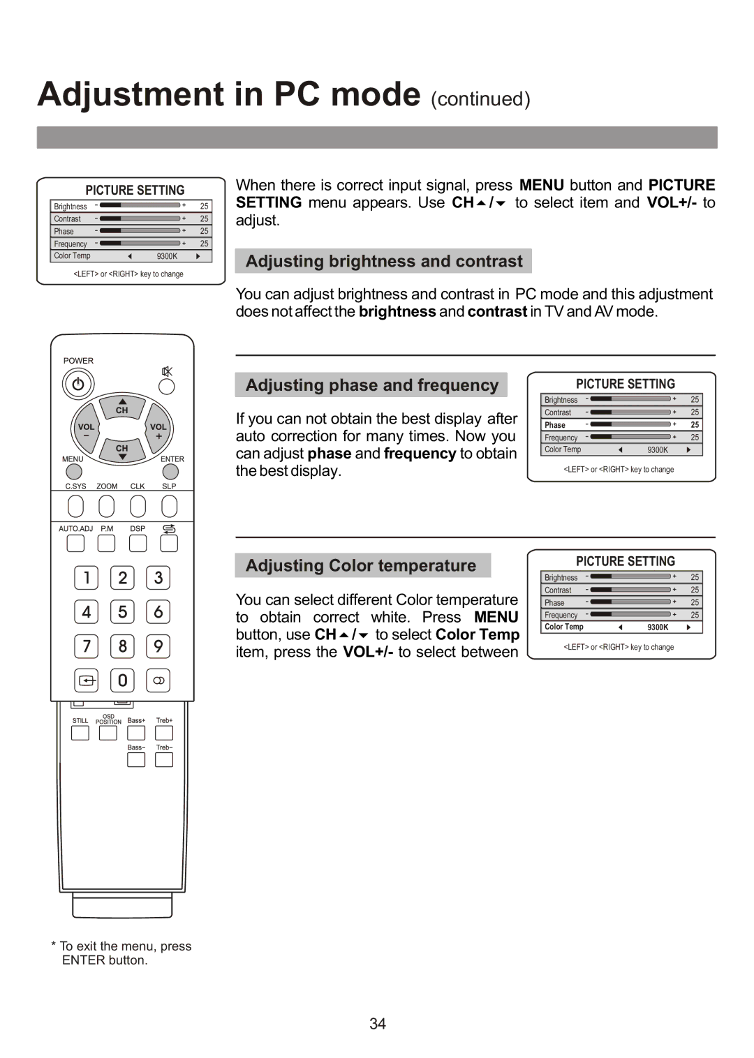 Audiovox FPE3000 owner manual Adjusting brightness and contrast, Adjusting phase and frequency 