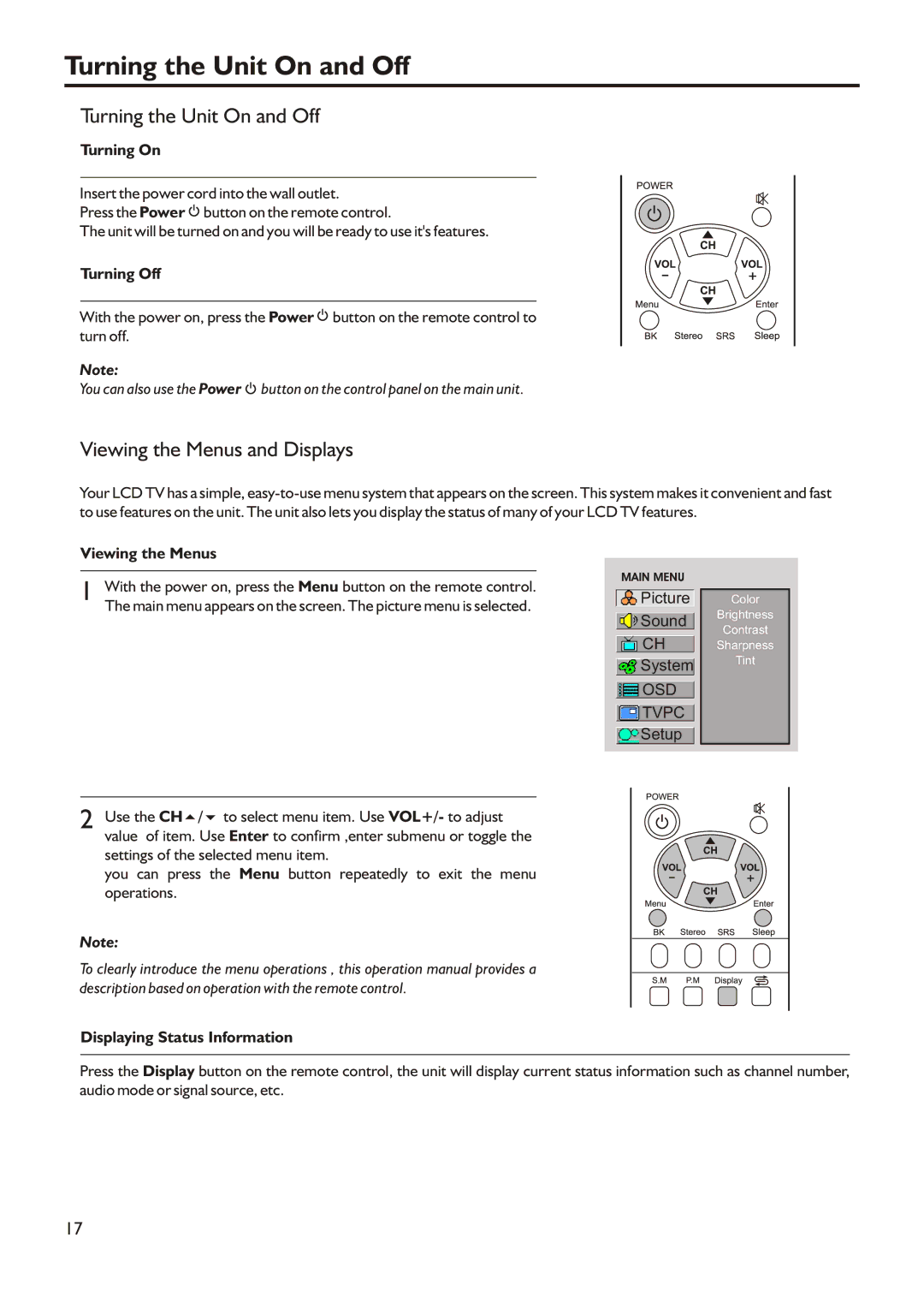 Audiovox FPE3205 manual Turning the Unit On and Off, Viewing the Menus and Displays 