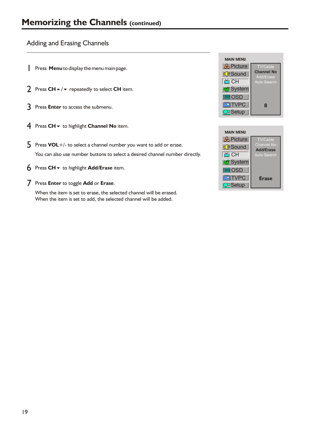 Audiovox FPE3205 manual Adding and Erasing Channels, Erase 