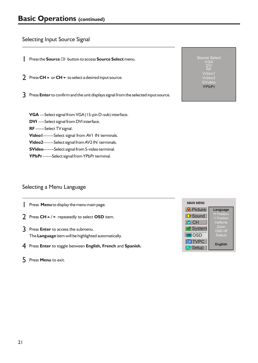 Audiovox FPE3205 manual Selecting Input Source Signal, Selecting a Menu Language 