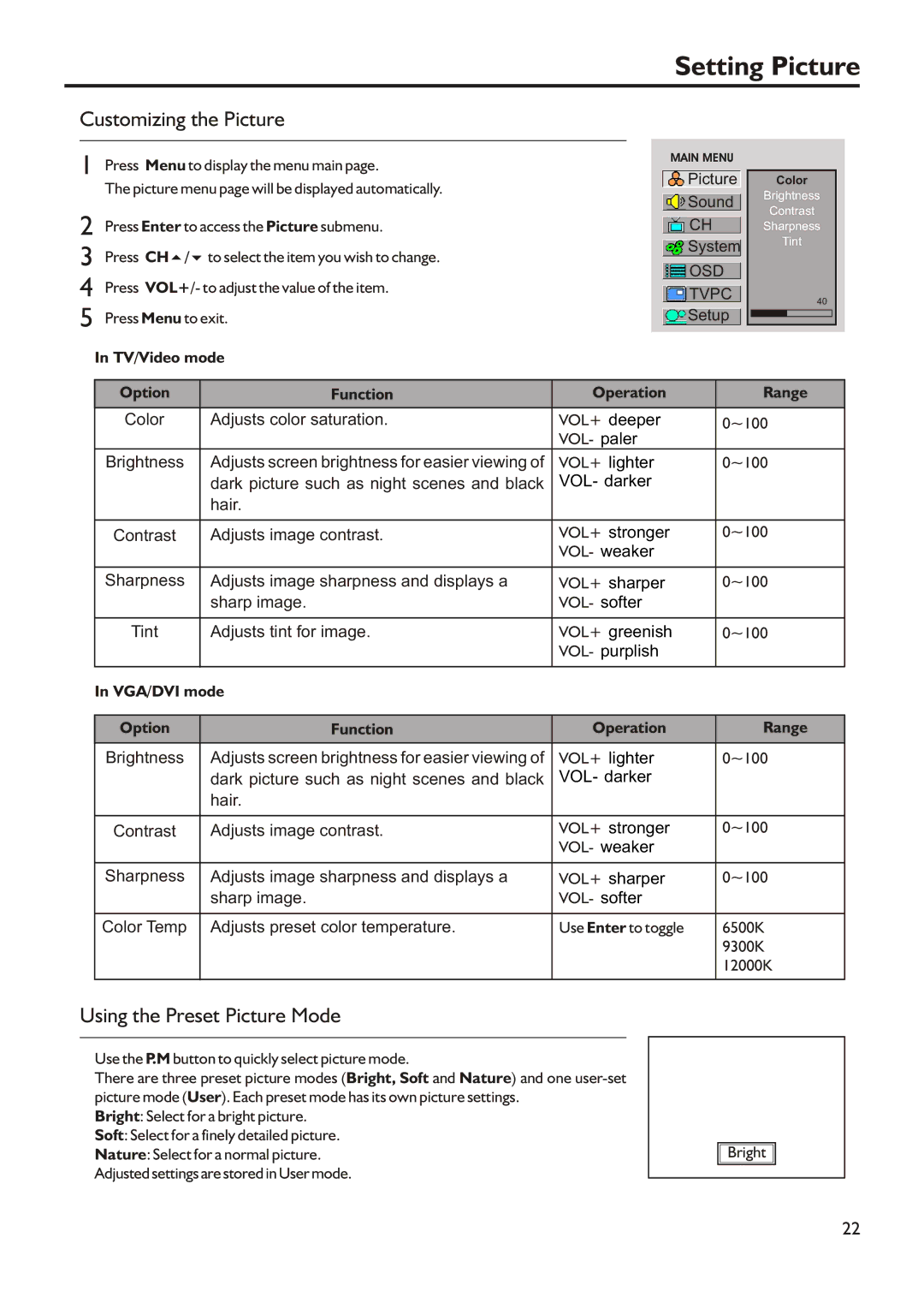 Audiovox FPE3205 manual Setting Picture, Customizing the Picture, Using the Preset Picture Mode 