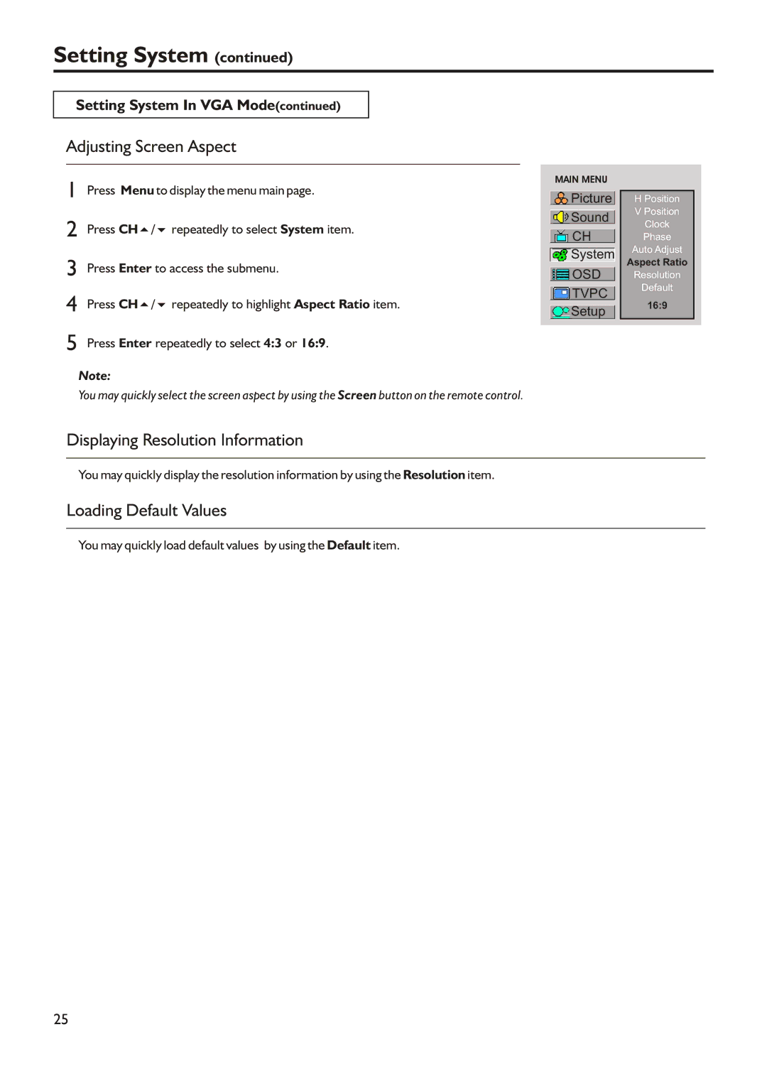 Audiovox FPE3205 manual Displaying Resolution Information, Press CH5/6 repeatedly to highlight Aspect Ratio item 