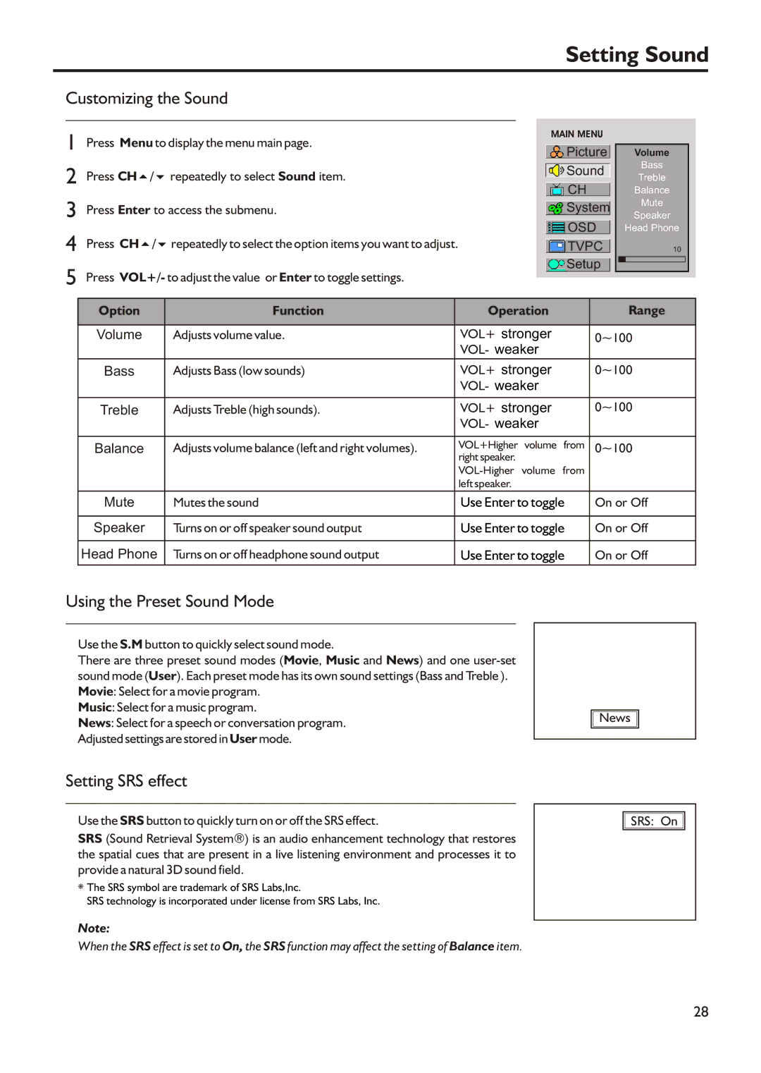 Audiovox FPE3205 manual Setting Sound, Customizing the Sound, Using the Preset Sound Mode, Setting SRS effect 