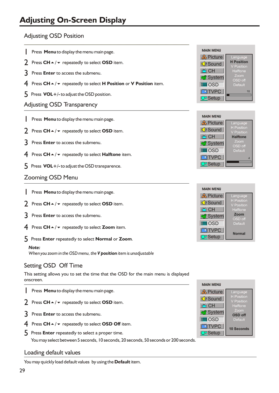 Audiovox FPE3205 manual Adjusting On-Screen Display, Adjusting OSD Position, Adjusting OSD Transparency, Zooming OSD Menu 